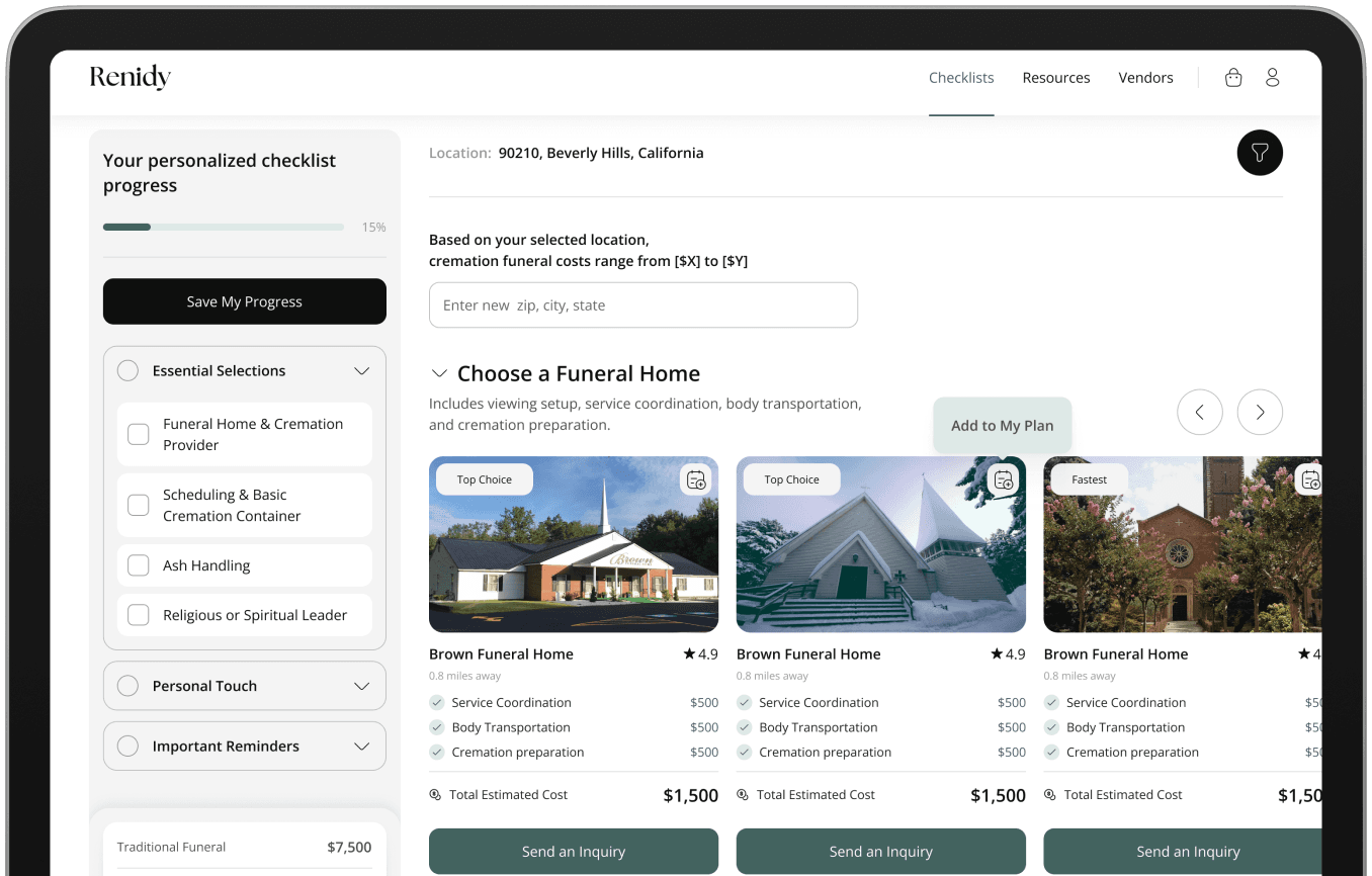 Renidy dashboard showing funeral home comparison and pricing