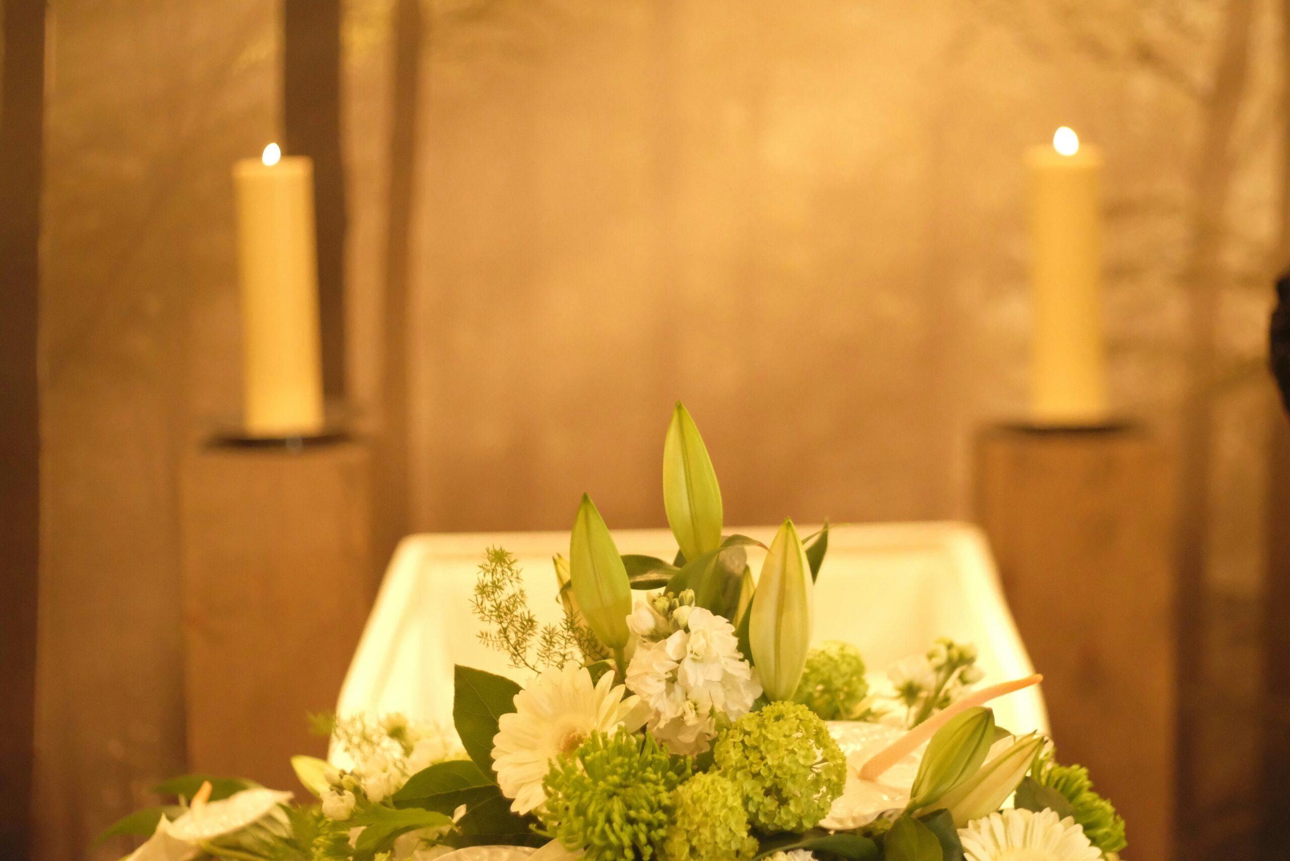 Beautiful flower arrangement at a memorial service to honor a loved one